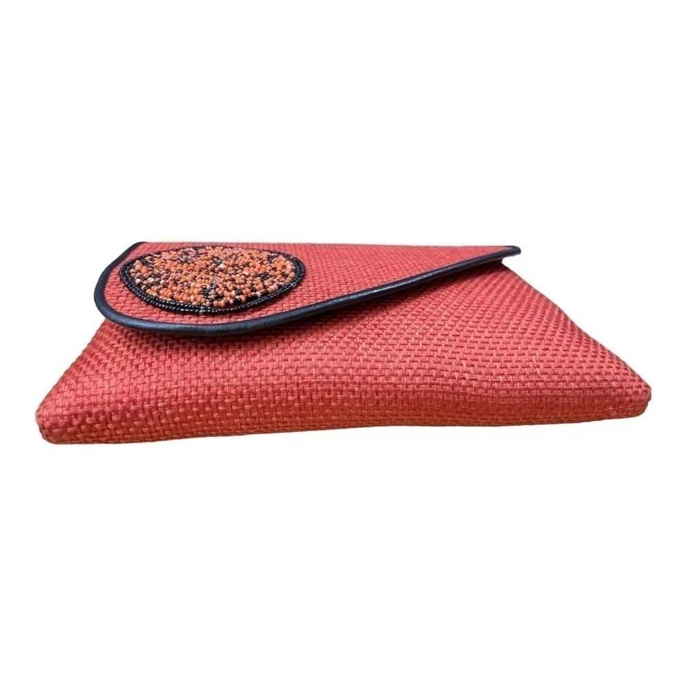 Womens Beaded Maasai Fabric and Jute Clutch Purse Orange Large